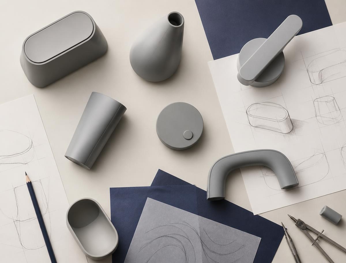 Industrial design studio models and sketches arranged on a warm neutral surface