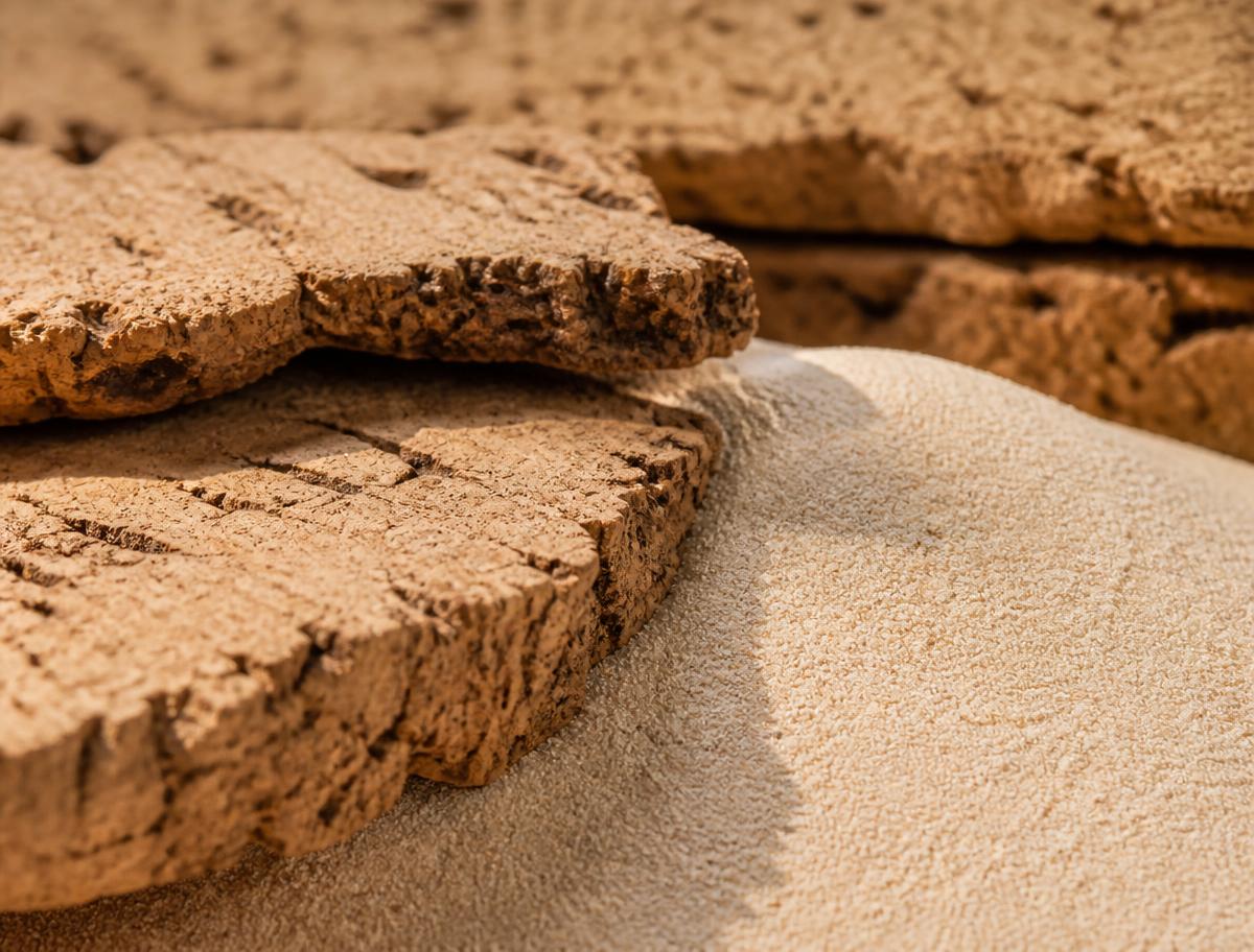 Cork material and sand, referencing Primal Soles circular cork-based footwear materials