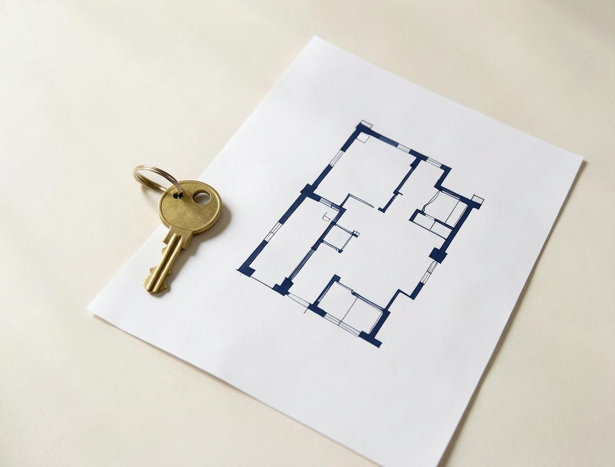Apartment key resting on a folded floor plan drawing, referencing access to occupied rental homes